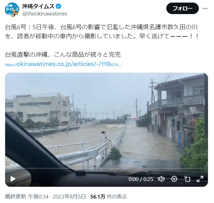 台風により川が氾濫している画像を掲載したポスト